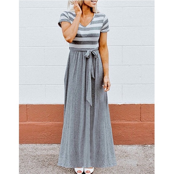 Long Sleeve Striped V Neck Maxi in Grey - Picture 2 of 6